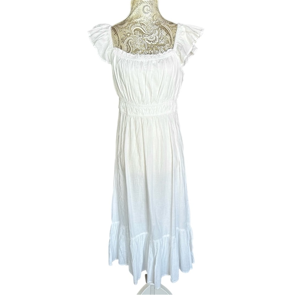 White Midi Dress with Ruffle Sleeves Cottagecore Beach Bohemian Bridal Medium